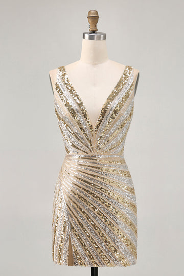 Sparkly Golden Bodycon Sequins V-Neck Cocktail Dress